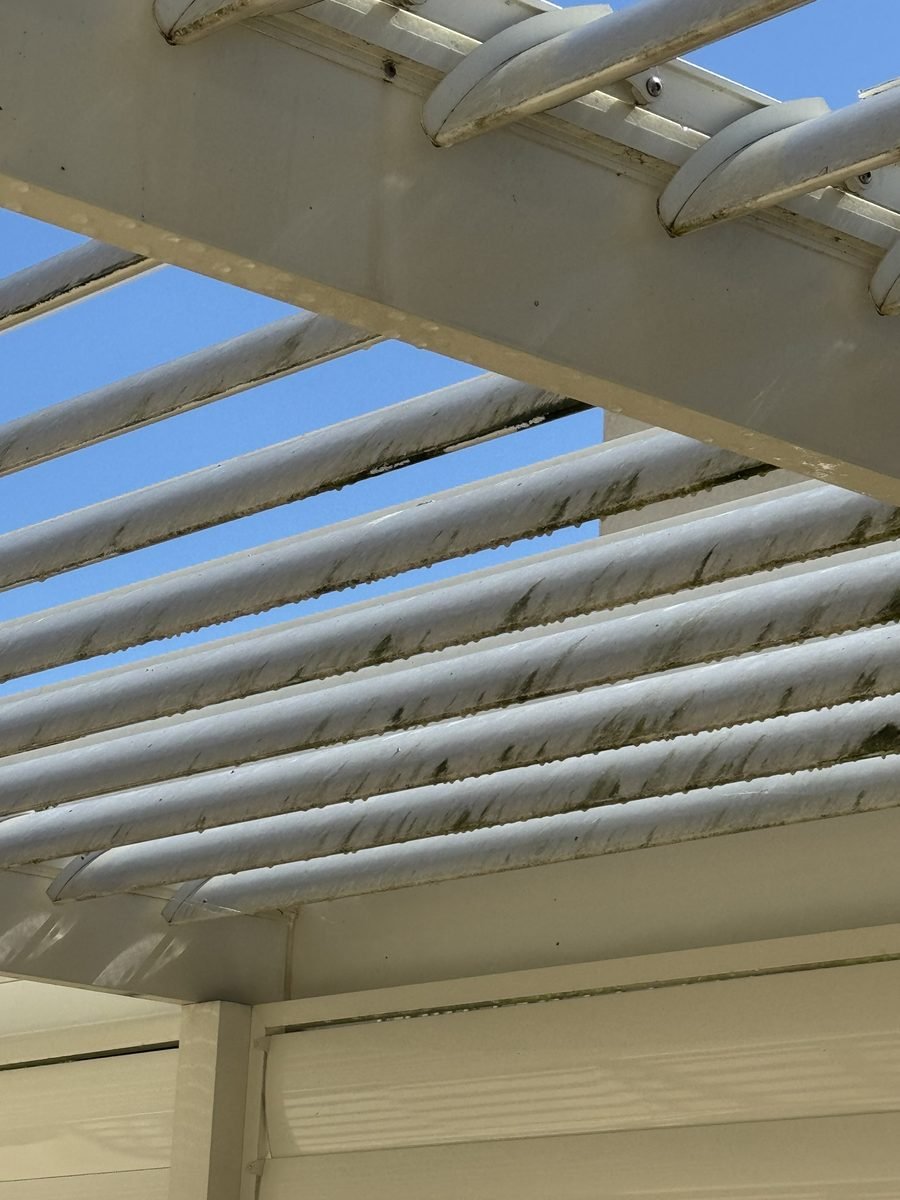 Lames de pergola encrassées avant nettoyage